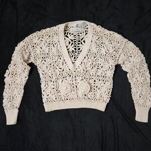 Chic Light Pink Peach Crochet Sweater